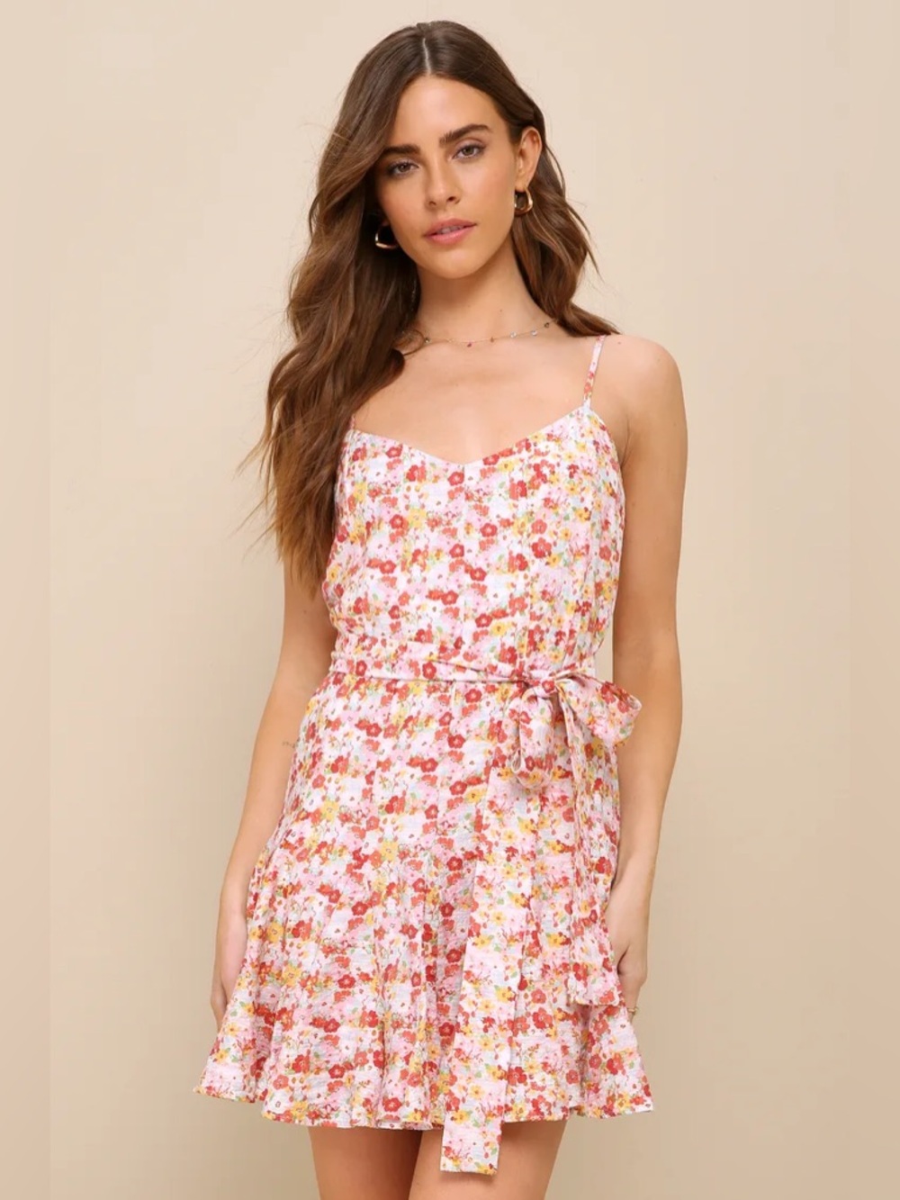 Lulus Sunny Charmer Ivory Multi Floral Sleeveless Skater Mini Dress, Size M